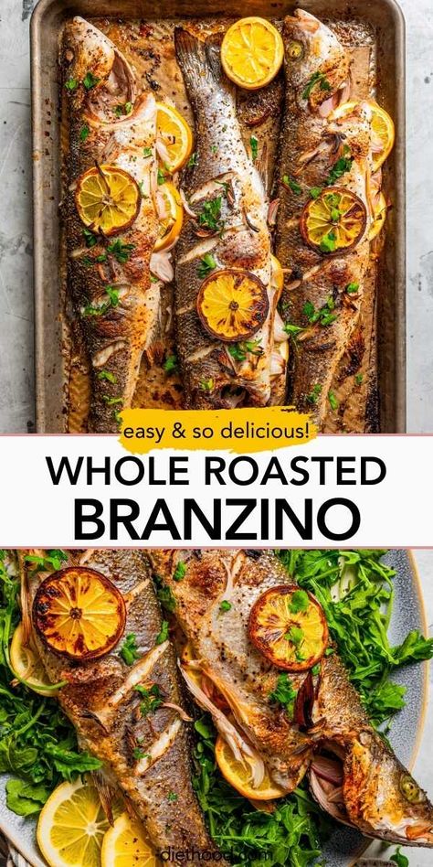 This roasted branzino recipe is a must-try. A whole branzino is seasoned with salt and pepper, stuffed with shallots and lemon slices, and roasted to flaky perfection. And it's all done in 20 minutes! Branzino Fish Recipe Oven, Branzino Recipe Whole, Baked Branzino Recipe, Bronzino Fish Recipe, Whole Branzino Recipe, Branzino Fish Recipe, Roasted Branzino Recipe, Whole Branzino, Roasted Branzino