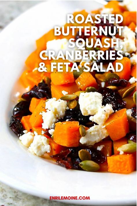 Looking for a healthy and tasty fall salad? Have the sweet roasted butternut squash mixed with tangy cranberries and salty feta cheese for a burst of flavor. Visit my blog for the step-by-step-recioe #byenrilemoine Roasted Butternut Squash With Cranberries And Feta Mia Recipes, Butternut Squash Feta Recipes, Butternut Squash Oven, Sprouting Sweet Potatoes, Butternut Squash Sweet, Feta Salad Recipe, Feta Cheese Recipes, Baked Butternut Squash, Fall Salad