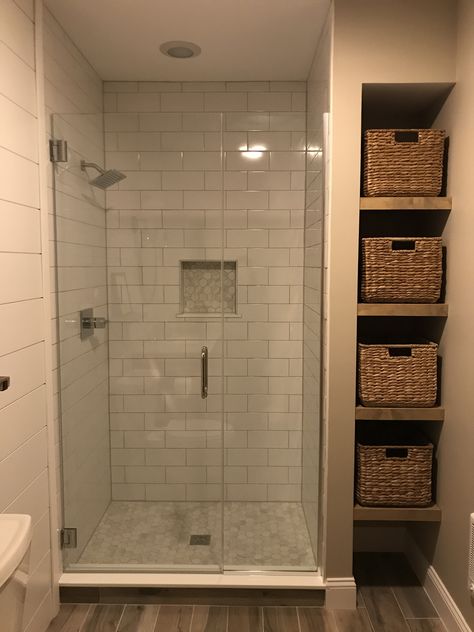 Shower with side shelving Shower With Towel Shelves, Small Bathroom Ideas With Closet, Remodel Master Bed, Shower Remodel With Shelves, Tall Bathroom Shelves, Small Master Shower Remodel, Tile Shower With Storage, Shower With Side Shelves, Farmhouse Shower Room