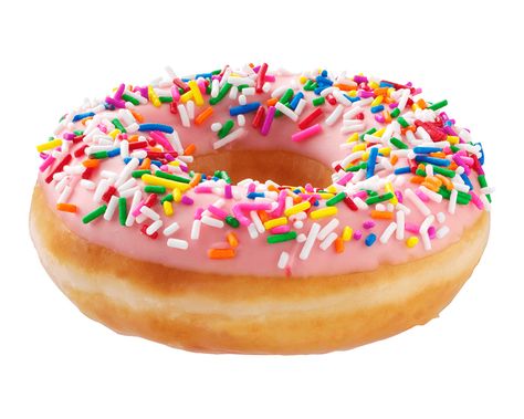 Strawberry Iced with Sprinkles Donut With Sprinkles, Sprinkle Doughnut, Pink Donut Glaze, Strawberry Donut Aesthetic, Pink Sprinkle Donut Cake, Strawberry Donut With Sprinkles, Rainbow Sprinkle Donut, Dozen Donuts, Krispy Kreme Donuts