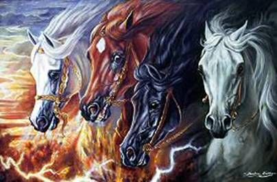 The Four Horse of the Apocalypse – Painting by American Artist American artist Sharlene Lindskog-Osorio The Apocalypse Art, Horses Of The Apocalypse, Apocalypse Tattoo, Revelation 6, Four Horses, Fantasy Cross Stitch, Horsemen Of The Apocalypse, Apocalypse Art, Horse Artwork