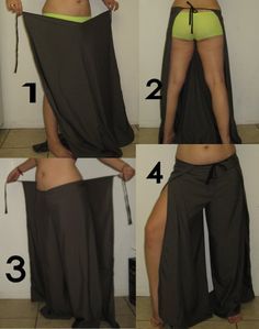 E ach piece makes one leg, sewn together in the U (make the U long enough to go from belly to back of waist), make tops of U long eno... Pantalon Thai, Diy Wrap, Wrap Pants, Sew Ins, Diy Vetement, Work Dresses, Bathing Suit Covers, A Skirt, Pants Pattern