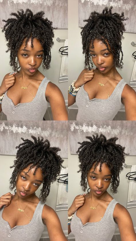 Twists With Bangs For Black Women, Mini Twists With Flat Twist, Mini Twist Updo Styles, Very Short Twists Natural Hair, Short Mini Twist Hairstyles With Extensions, Curly Mini Twists, Layered Mini Twists, 4b Protective Hairstyles, Mini Natural Braids