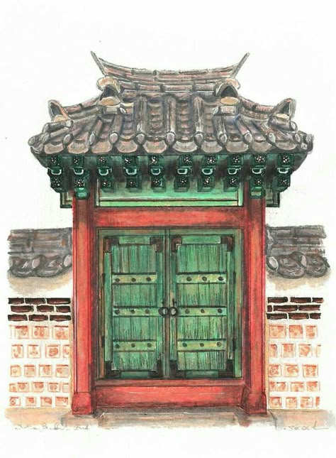 Seoul Drawing, Japanese Architecture Drawings, Seoul Architecture, Travel Seoul, Realism Illustration, Color Architecture, Paper Architecture, Korean Painting, Chinese Art Painting