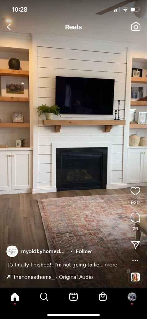 Living Room Inspiration With Fireplace And Tv, Shiplap Fireplace With Built Ins On Both Sides, Traditional Gas Fireplace Ideas With Tv Above, Diy Propane Fireplace Living Rooms, Cottage Gas Fireplace Ideas, Gas Fireplace Modern Farmhouse, Fireplace Insert With Built Ins, Gas Fireplace With Shelves On Side, Living Room Shiplap Fireplace