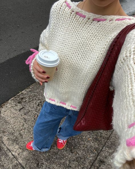 Sweater weather 🎀 @katrinakchan styles our Bea Cream Sweater with our Sassy Stitches Straight Leg Bow Jeans⁠ ⁠ Bow Jeans, Long Sleeve Sweaters, Knitted Lace, Knitted Heart, Bow Sweater, Cream Sweater, Thanksgiving Outfit, Sweater Women, Print Pullover