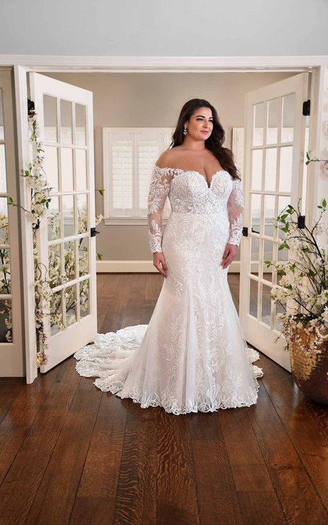 This wedding dress with sleeves is match made in heaven! ☁️ A modern, glamorous style from Essense of Australia. Repin This Look to your dream wedding dress board! 👗 // www.essenseofaustralia.com Plus Size Wedding Dresses With Sleeves, Wedding Dresses Sydney, Wedding Dresses Australia, Wedding Dress With Sleeves, Plus Size Wedding Gowns, Essense Of Australia, Fit And Flare Wedding Dress, Dress With Sleeves, Affordable Wedding Dresses