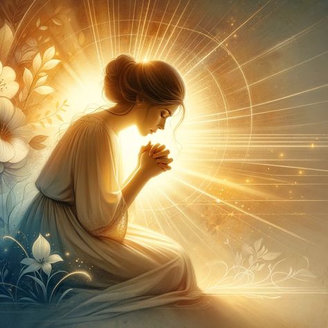 A serene and spiritual scene depicting a woman kneeling in prayer, her face filled with hope and love. She is surrounded by a warm, glowing light that symbolizes divine presence. In the background, subtle, abstract representations of positive changes, like blooming flowers or a sunrise, signify the transformation she is praying for in her husband. The image is designed to inspire bible readers, capturing the essence of faith, patience, and trust in God's plan. Praying Pics, Pray Images, Woman Praying Images, Praying Images, Prayer Background, Holy Spirit Images, Protection Illustration, Spiritual Pics, Women Praying