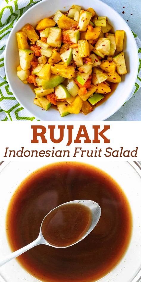 Asian Fruit Recipes, Spicy Fruit Salad, Asian Fruit Salad, Rujak Recipe, Indonesian Appetizer, Bali Recipes, Balinese Recipe, Asian Fruit, Fruit Salad Ingredients