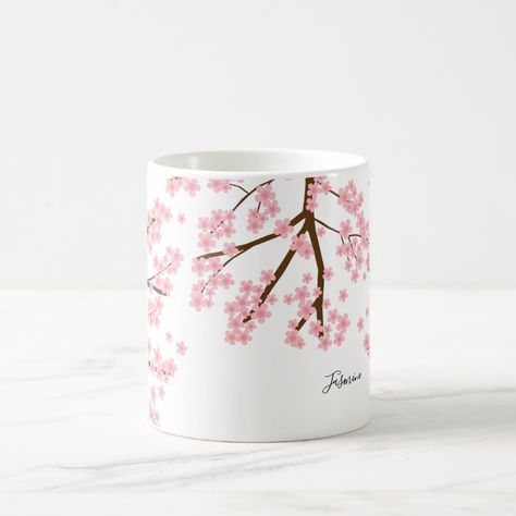 Elegant pretty cherry blossoms sakura calligraphy coffee mug | Zazzle.com Cherry Blossom Mug Painting, Cup Designs Painting, Painting On Coffee Mugs, Simple Mug Designs Painted, Drawing On Glass Ideas Easy, How To Paint A Pot, Painted Tea Cup, Mugs Print Designs, Cherry Blossom Pottery Painting