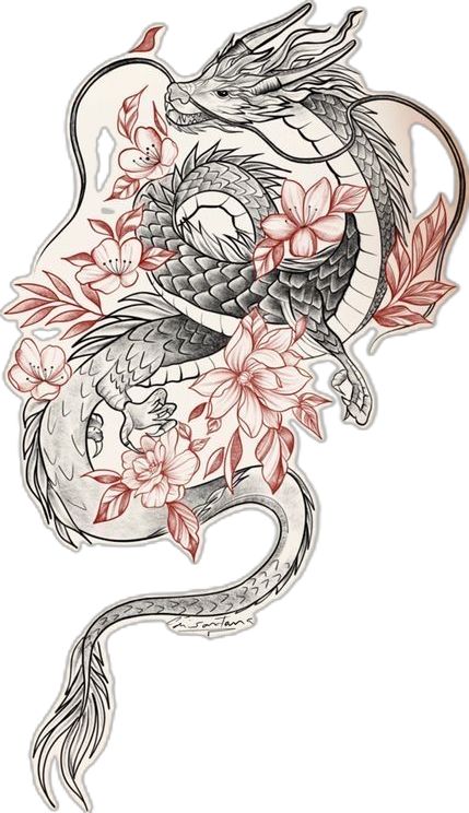 Dragon Tattoo Hip, Dragon Tattoo With Flowers, Dragon Thigh Tattoo, Dragon Tattoo Stencil, Red Flower Tattoos, Black Dragon Tattoo, Mujeres Tattoo, Red Dragon Tattoo, Dragon Tattoo Art