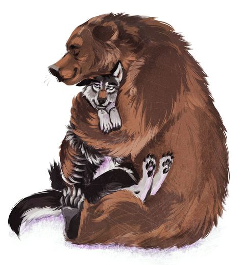 Bear And Wolf Art, Bear Hug Drawing, Fantasy Bear Art, Bear Oc, Images For Drawing, Hug Drawing, Bear And Wolf, Bear Character Design, Hugging Drawing