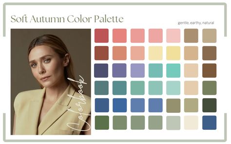 Soft Autumn: the guide to color, style, & make-up — ColorBook Color Palette Soft Autumn, Makeup For Soft Autumn, Autumn Muted Color Palette, Soft Autumn Color Palette Makeup, Soft Autumn Color Palette Outfits, Makeup Pallettes, Soft Autumn Palette, Makeup Suggestions, Soft Autumn Color Palette