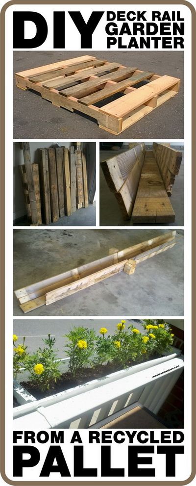 How To Make A DIY Deck Rail Garden Planter From A Recycled Wooden Pallet Railing Planter Boxes, Deck Railing Planters, Deck Planters, Apartment Gardening, Garden Boxes Diy, Diy Pallets, Railing Planters, Cheap Backyard, Boxes Diy