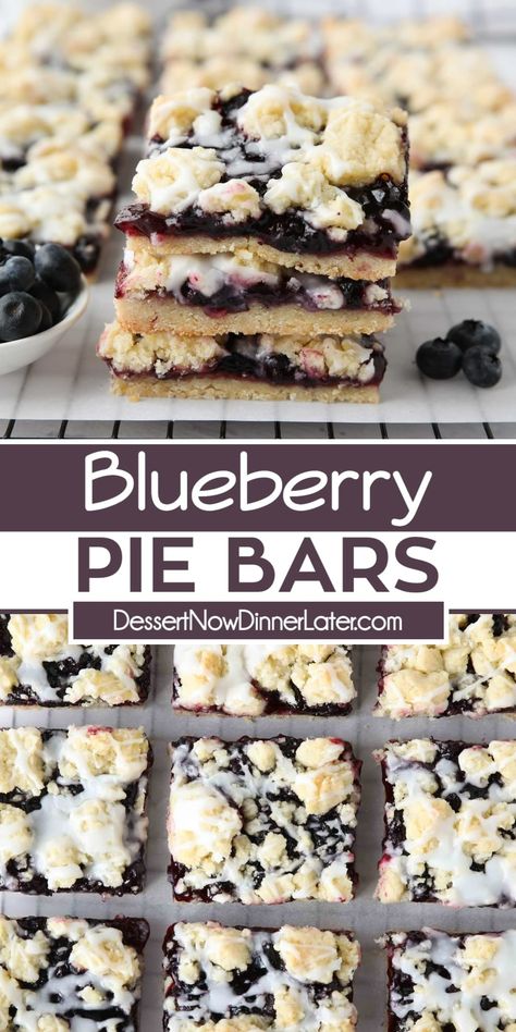 Blueberry Pie Bars have a sweet, buttery (sugar cookie-like) shortbread crust and crumb topping. There’s blueberry pie filling in the middle, and a sweet glaze drizzled on top. These dessert bars are easier to make than pie and feed a crowd. Blueberry Pie Filling Recipes, Pie Filling Desserts, Blueberry Crumb Bars, Blueberry Pie Bars, Blueberry Desserts Recipes, Blueberry Crumble Bars, Buttery Sugar Cookies, Sweet Glaze, Pie Bar Recipes