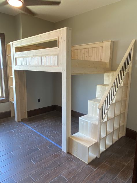 Pine loft bed with cubbie steps and railing with iron balusters. Loft Bed Ideas For Small Rooms, Lofted Dorm Beds, Cool Loft Beds, Loft Beds For Small Rooms, Build A Loft Bed, A Loft Bed, Beds For Small Rooms, Loft Bed Plans, Loft Style Bedroom