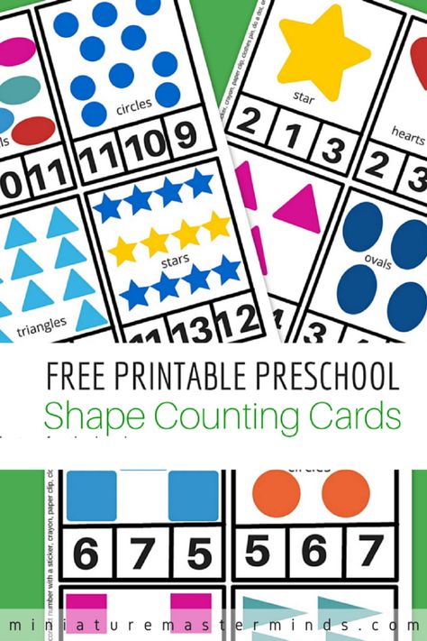 Free Printable Preschool Shape Counting Cards Learn shapes and practice counting at the same time with these shape counting cards! From 1 – 12 the kids can count circles, stars, hearts, and t… Kindergarten Rotations, Learning Shapes Preschool, Learning Shapes Activities, Counting Preschool, Counting Clip Cards, Learn Shapes, Shapes Kindergarten, Printable Shapes, Free Preschool Printables