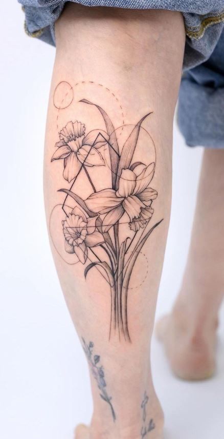 Tattoo Ideas Flower Daffodil, Forearm Daffodil Tattoo, White Daffodil Tattoo, Geometric Daffodil Tattoo, Daffodil And Sunflower Tattoo, Geometric Daffodil Tattoo Design, Masculine Daffodil Tattoo, Daffodil Tattoo Linework, Daffodil Tattoo Sleeve