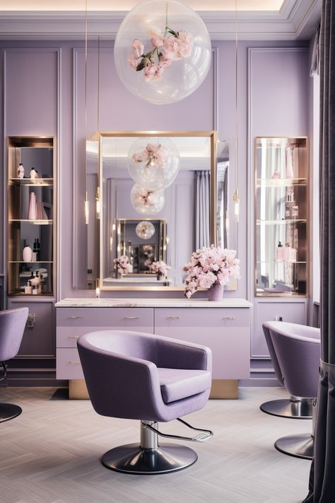 Purple Beauty Salon Decor Ideas, Lilac Beauty Salon, Purple Hair Salon Decor Ideas, Purple Salon Interior Design, Purple Salon Decor Ideas, Purple Beauty Salon, Purple Hair Salon, Purple Salon, Bar Closet