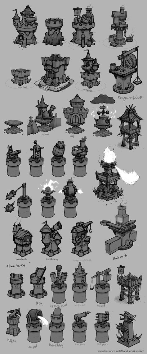 Tower designs (Concept art) on Behance Building Design Concept Art, Game Design Inspiration Concept Art, Tower Defense Concept Art, Tower Defense Game, Isometric Concept Art, Concept Art Castle, Game Assets Concept Art, Assets Concept Art, Game Design Inspiration