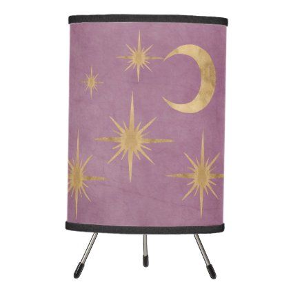 Celestial Gold Moon Stars Pastel Mauve Tripod Lamp Loft Library, Pastel Mauve, Star Themed Nursery, Mauve Background, Celestial Decor, Whimsical Bedroom, Living Space Decor, Lamp Color, Gold Bedroom