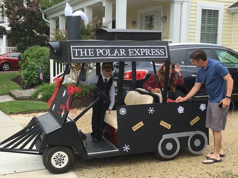 Entry in golf cart parade, July 2016: See blog for details:  http://diannescards.com/2016/07/04/polar-express-wins/ Utv Parade Float Ideas, Christmas Parade Golf Cart, Golf Cart Train Decoration, Golf Cart Float Ideas, Polar Express Golf Cart Parade, Polar Express Float Ideas, Holiday Float Parade Ideas, Christmas Golfcart Decorations, Polar Express Christmas Float