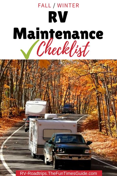 FALL RV MAINTENANCE CHECKLIST - A list of fall/winter RV maintenance tasks. The 6 things you should do every year in the fall before winter hits. (This list also includes RV roof maintenance - see why!) #rvchecklist #rvrepair #rvstorage #rvmaintenance #rvwinter #rvfall Camper Maintenance Checklist, Fall Rv Camping, Rv Maintenance Checklist, Camping Checklist Printable, Rv Diy, Rv Winterizing, Trip List, Camper Maintenance, Camper Repair