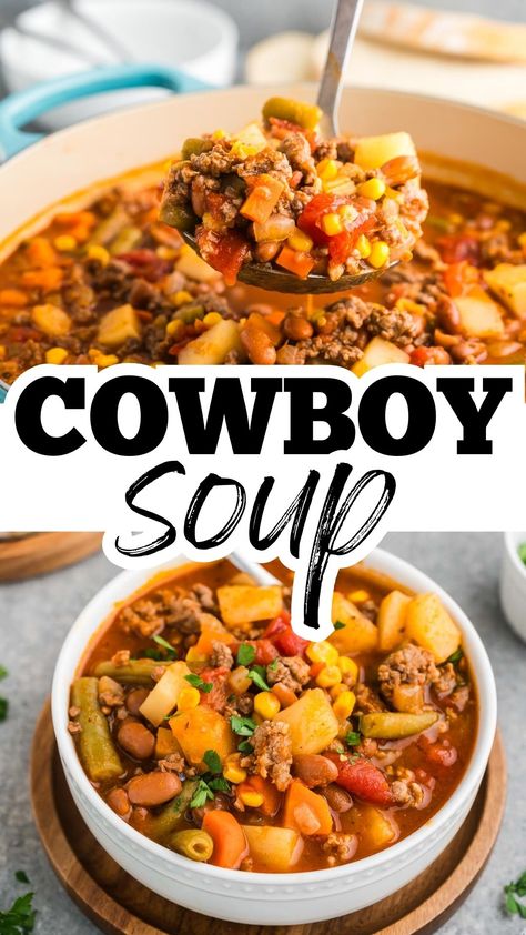 Cowboy Soup Recipe, Hamburger Soup Crockpot, Best Hamburger Soup Recipe, Ground Beef Stew Recipes, Cowboy Soup, Sunday Soup, Sausage Beans, Cowboy Stew, Ground Beef Stews