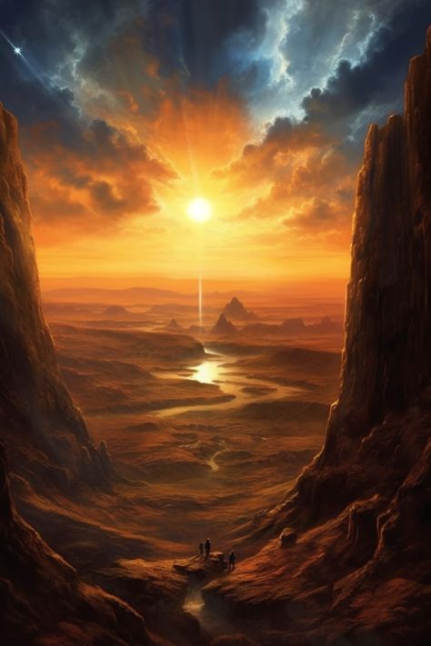 Fantasy Desert Landscape Art, Desert Tomb Fantasy Art, Fantasy Desert Marketplace, Desert Mountain Art, Sun City Fantasy Art, Sunrise Fantasy Art, Fire Landscape Fantasy Art, Desert Dunes Aesthetic, Fantasy Oasis Art