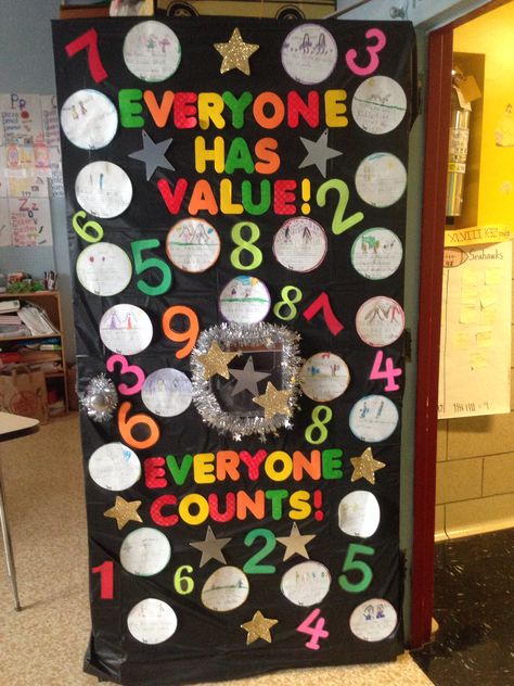 Classroom door prevent bullying contest everyone counts ! Everyone has value Math Classroom Door, Math Door, Math Door Decorations, Classroom Door Ideas, Classroom Door Decorating, Math Bulletin Boards, Math Lab, Math Classroom Decorations, Dr. Seuss