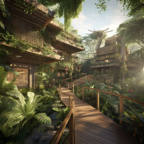 Immerse yourself in the Tropical Jungle Resort by Andorra. Explore the lush interiors and expansive jungle views. 

#TropicalResort #EcoDesign #InteriorDesign #VirtualSpaces #CreativeDesign #Ideas #3drender Jungle Treehouse Aesthetic, Tropic Interior Design, Tropical Forest House, Tropical Mansion, Jungle Hotel, Resort Style Home, Jungle Hut, Tropical Hotel, Jungle Home