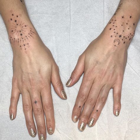 @taticompton on Instagram: “Thanks Lou Ella!☽⋅✳︎⋅✧ #handpoke #stickandpoke” Henne Tattoo, Moon Tattoos, Unalome Tattoo, Elements Tattoo, Dot Tattoos, Star Tattoo, Hand Poked Tattoo, Hand Tattoos For Women, Cute Small Tattoos