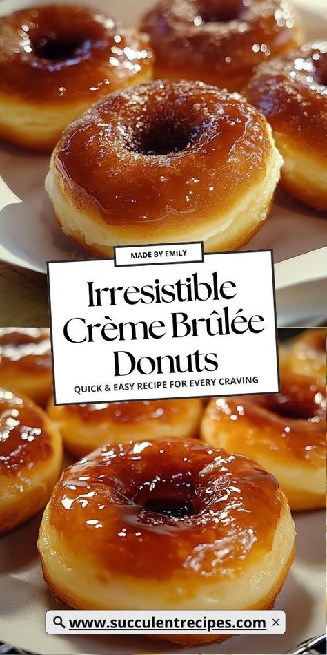 Make these Easy Homemade Crème Brûlée Donuts for a bakery-style treat at home! With a rich custard center and a crackly caramel topping, they’re perfect for any sweet craving. Easy Bakery Items, Baked Doughnut Recipes, Homemade Donuts Recipe, Baked Doughnuts, Dessert Spread, Caramelized Sugar, Caramel Topping, Custard Filling, Homemade Donuts