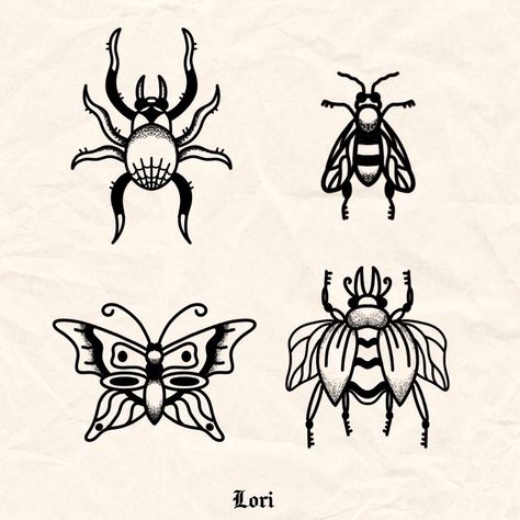 Flash tattoo bugs Old School Bug Tattoo, Traditional Bug Tattoo Flash, Bug Hand Tattoo, American Traditional Bug Tattoo, Traditional Insect Tattoo, Small Bug Tattoo, Traditional Bug Tattoo, June Bug Tattoo, Lil Tattoos