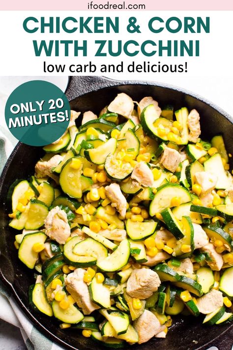 This Chicken and Corn with Zucchini recipe is quick and easy to make! In just 20 minutes you’ll have a delicious meal on the table that’s ready to be devoured. It’s low carb, healthy, full of garlic flavor, and made in one pan! It’s the perfect meal for the whole family, so try it today! Zucchini Chicken, Zucchini Recipes Healthy, Low Carb Easy, Chicken Recipes Video, Healthy Zucchini, Healthy Weeknight Dinners, Chicken Zucchini, Corn Recipe, Healthy Family Meals