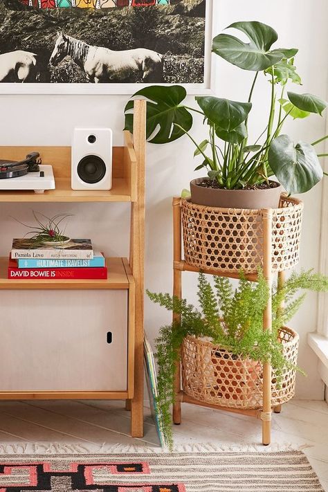 Rattan Two Tier Stand Urban Outfitters Home, Modern Plant Stand, Woven Furniture, Mid Century Living, Mid Century Living Room, Room With Plants, Boho Dekor, Rattan Furniture, Wicker Furniture