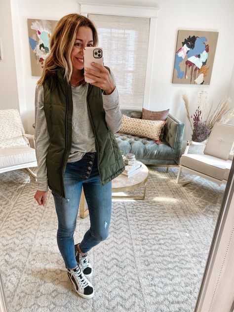 the motherchic wearing fall vest amazon vintage havana sneakers Vintage Havana Sneakers Outfit Fall, Olive Vest Outfit, Green Vest Outfit, High Top Sneaker Outfit, High Top Outfit, High Top Sneakers Outfit, Sneaker Outfit Fall, Vintage Havana Sneakers, Olive Vest