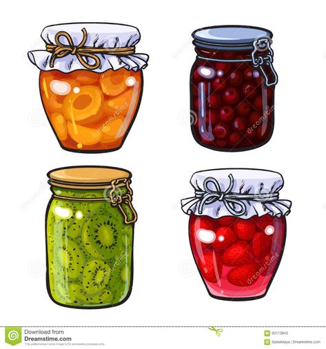 Apricot, Cherry, Strawberry And Kiwi Jam, Marmalade In Traditional Jars Stock Vector - Illustration of confiture, illustration: 93113943 Jam Jar Illustration, Jam Illustration, Jam Drawing, Jar Illustration, مربى الفراولة, Kiwi Jam, Jar Fruit, Jar Of Jam, Cherry Strawberry