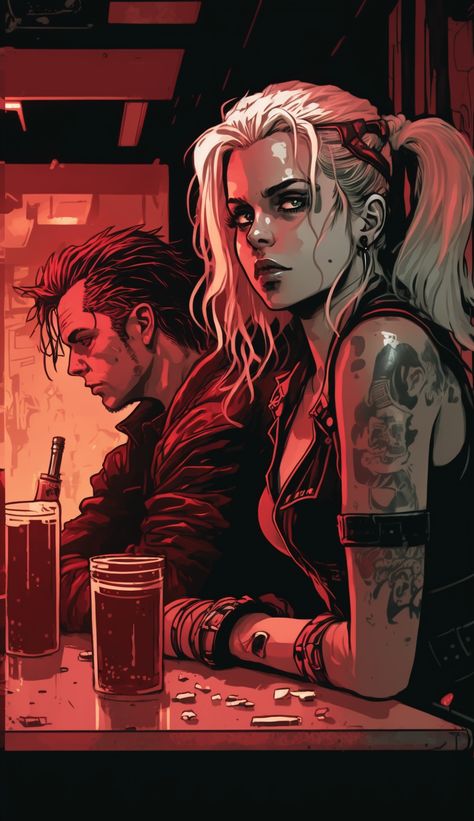 Character Inspiration Cyberpunk, Punk Rocker Character Art, Cyberpunk Comic Art, Sitting At A Bar Reference Drawing, Bartender Character Art, Tattooed Character Art, Red And Black Cyberpunk, Cyberpunk Red Character Art, Cyberpunk Art Style