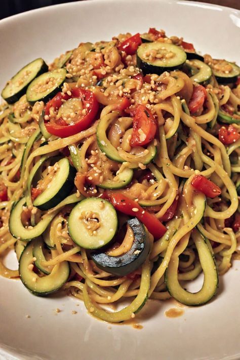 Stir Fry Zucchini Noodles Recipe

Ingredients

- 2 medium zucchini, spiralized into noodles
- 1 tablespoon olive oil
- 1 bell pepper, sliced
- 1 cup sugar snap peas
- 2 cloves garlic, minced
- 1 tablespoon soy sauce
- 1 tablespoon sesame oil
- 1 teaspoon fresh ginger, grated
- 2 green onions, sliced
- Sesame seeds for garnish Stir Fry Rice Noodles Recipe Veggies, Zucchini Noodle Stir Fry, Stir Fry Zucchini, Spiralized Zucchini Recipes, Stir Fry Zucchini Noodles, Vegan Stroganoff, Leftover Noodles, Zucchini Noodles Recipe, Zucchini Stir Fry