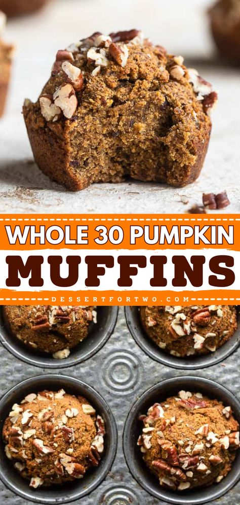 A must-try pumpkin recipe for breakfast! While these gluten-free and Whole30 pumpkin muffins are healthy, they are still tender, moist, and delicious. Bake up a batch of this simple fall recipe! Muffins For Two, Muffins Small Batch, Pumpkin Breakfast Muffins, Keto Pumpkin Muffins, Easy Pumpkin Muffins, Paleo Pumpkin Muffins, Whole 30 Dessert, Paleo Breads, Gluten Free Pumpkin Muffins