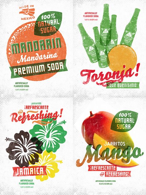 Advertising for Mexican sodas created by illustrator Simon Walker. His site has a lot of great vintage-looking logos and typefaces. Mexican Graphic Design, Visuell Identitet, Mexican Designs, Fruit Design, Mexican Restaurant, Package Design, Graphic Design Inspiration, Typography Design, Jamaica