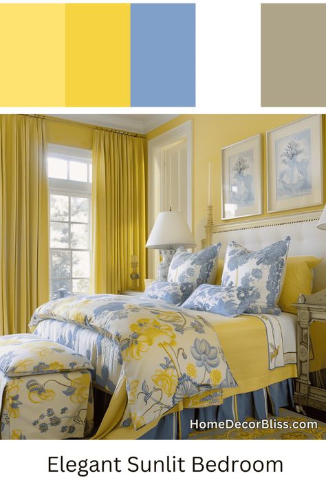 Traditional Bedroom: Sunlit Elegance with Floral Accents Pale Yellow Bedroom Decor, Blue White Yellow Bedroom, Pale Blue And Yellow Bedroom, Yellow And Blue Bedroom Ideas, Pastel Yellow Walls, Blue And Yellow Bedroom Ideas, Pale Yellow Bedrooms, Yellow Curtains Bedroom, Bee Room Decor