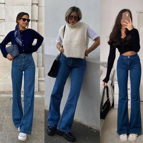 Flare Jeans Outfit 70s Style, Trapeze Jeans Outfit, Dark Blue Jeans Winter Outfit, Pantalon Oxford Outfits Invierno, Outfits Con Pantalon Oxford, How To Style Dark Blue Flared Jeans, Dark Blue Wash Jeans Outfit, Pantalones Oxford Mujer Outfit, Jean Oxford Outfit