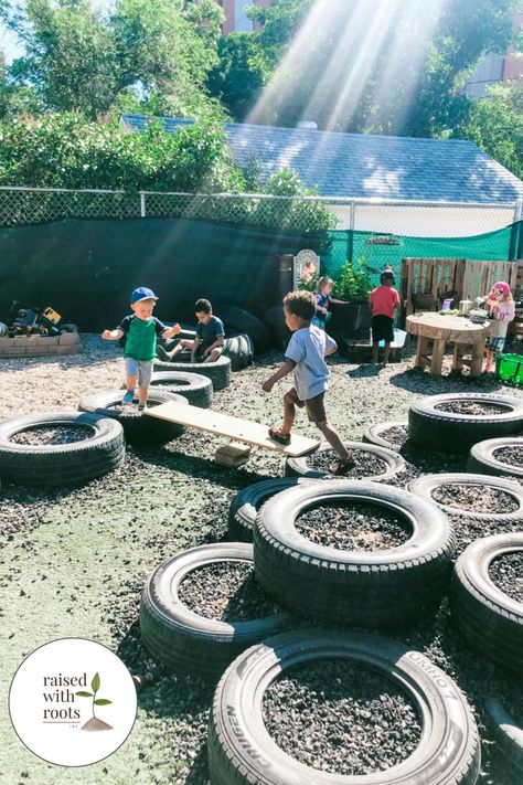 Right in the center of our natural playground we created a tire mountain! The kids absolutely love this addition! Tire Kids Play Playground Ideas, Opal Play Ideas, Tires In Playground, Tire Playground Diy, Tractor Tyre Ideas Kids Outdoor Play, Farm Playground Ideas, Tires Playground Ideas Kids, Tractor Tire Playground, Opal Playground