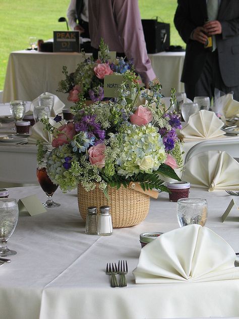 Nantucket Basket Centerpiece by Magic of Flowers, via Flickr Nantucket Party, Purple Vintage Wedding, Floral Table Centerpieces, Nantucket Basket, Basket Centerpiece, Wildflower Centerpieces, Lemon Themed Bridal Shower, Beach Wedding Decorations Reception, Basket Centerpieces