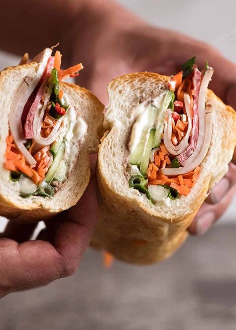 Vietnamese Bahn Mi Baguette recipe. (@ recipetineats-7/2019) Vietnamese Banh Mi Recipe, Authentic Bahn Mi Sandwich, Vietnam Sandwich, Bahn Mi Sandwich Recipe, Mukbang Recipes, Asian Sandwiches, Vietnamese Sandwich Banh Mi, Sandwich Baguette, Vietnamese Breakfast