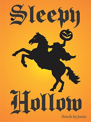 (1) NEW 9" x 12" Stencil #F5C - Sleepy Hollow with Headless Horseman and Scary Pumpkin, paint your own popular Ichabod Crane and Seasonal Halloween Designs and other DIY craft projects with reusable Stencils-by-Joanie. Sleepy Hollow Painting, Sleepy Hollow Art, Sleepy Hollow Halloween Decorations, Sleepy Hollow Headless Horseman, Headless Horseman Halloween, Sleepy Hollow Halloween, Halloween Stencils, Hollow Art, Headless Horseman