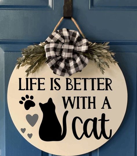 Excited to share the latest addition to my #etsy shop: Front Door Decor, Life is Better with a Cat, Door Hanger, Door Wreath, Cat Lover, Housewarming Gift, Round Wooden Sign, Welcome, Home Decor #housewarming #white #cat #welcome #gift #door #homedecor https://etsy.me/34MHBPn Cat Wreath, Pet Wreath, Idee Cricut, Door Signs Diy, Wooden Welcome Signs, Wooden Door Signs, Round Wood Sign, Front Door Signs, Cat Signs