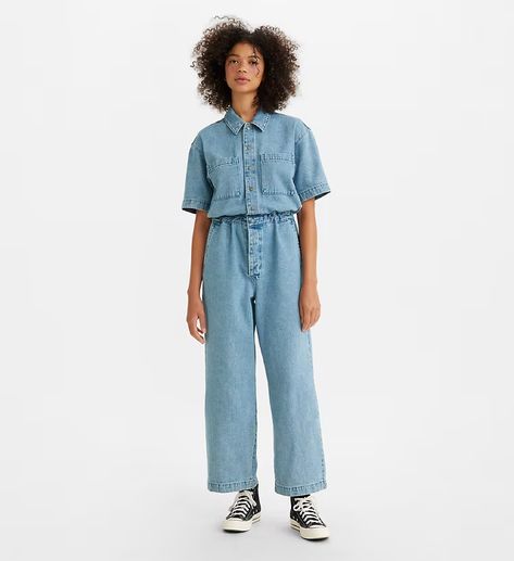 Short Sleeve Boilersuit - Light Wash | Levi's® US Denim Boiler Suit, Short Sleeve Denim Jumpsuit, Boiler Suit, Levi Shorts, Denim Jumpsuit, Blue Shorts, Jumpsuits For Women, Long Sleeve T Shirt, Levi's